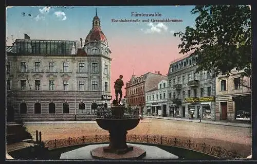 AK Fürstenwalde / Spree, Café Donde, Eisenbahnstrasse und Grassknickbrunnen