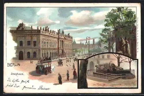 Lithographie Berlin, Pferdebahn am Zeughaus, Denkmal