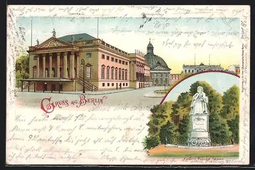 Lithographie Berlin, Opernhaus, Ludwigkirche, Kaiserin-Augusta-Denkmal