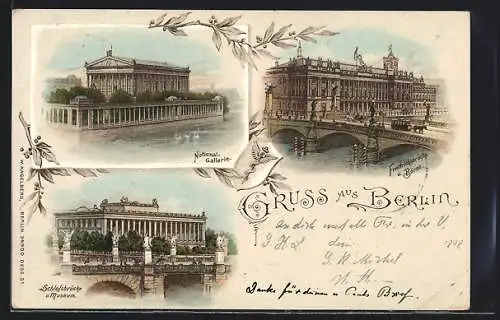 Lithographie Berlin, Nationalgallerie, Friedrichsbrücke und Börse, Schlossbrücke und Museum