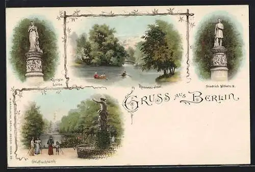 Lithographie Berlin-Tiergarten, Königin Louise-Denkmal, Friedrich Wilhelm III.-Denkmal, Rousseau-Insel, Goldfischteich