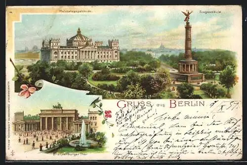 Lithographie Berlin, Reichstagsgebäude, Siegessäule, Brandenburger Thor