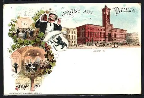 Lithographie Berlin, Gasthaus im Roten Rathaus, Wappen mit Bär, Königstrasse