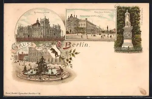 Lithographie Berlin, Reichstagsgebäude, Palais Kaiser Wilhelm I., Schlossbrunnen