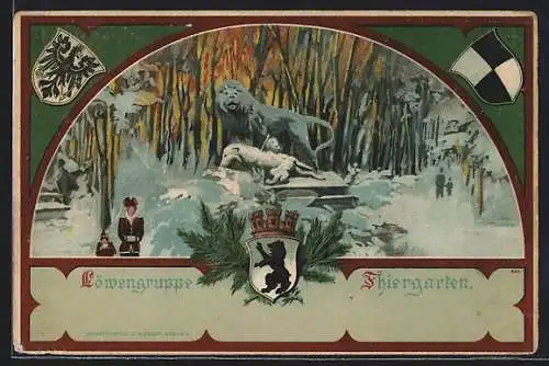 Passepartout-Lithographie Berlin-Tiergarten, Löwengruppe im Tiergarten, Wappen