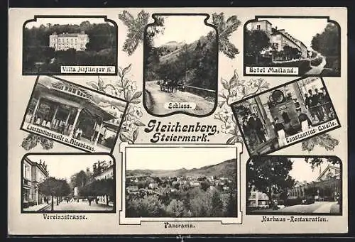 AK Gleichenberg /Steiermark, Hotel Mailand, Kurhaus-Restauration, Vereinsstrasse, Villa Höflinger IV., Schloss