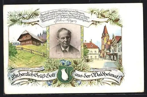AK Krieglach, Dr. Peter Rosegger, Ortsansicht und Geburtshaus, Portrait des Dichters