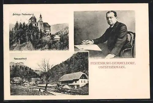 AK St. Lorenzen am Wechsel, Schloss Festenburg, Portrait Ottokar Kernstock, Panorama Demmeldorf