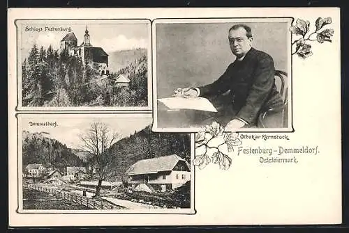 AK St. Lorenzen am Wechsel, Schloss Festenburg, Portrait Ottokar Kernstock, Panorama Demmeldorf