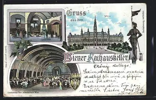 Lithographie Wien, Gasthaus Rathauskeller im Rathaus, Innenansichten Ratsstüberl und Ratskeller