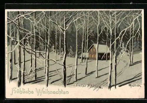 Künstler-AK Alfred Mailick: Kleine verschneite Hütte im Wald
