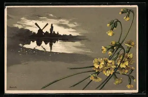 Künstler-AK Alfred Mailick: Landschaftsbild mit Windmühle im Schatten, Blütenzweige