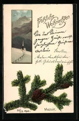 Künstler-AK Alfred Mailick: Verschneiter Weg zur Kirche, Tannenzweig zu Weihnachten