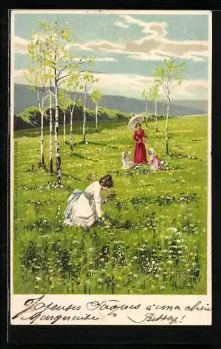 Künstler-AK Alfred Mailick: Zwei junge Damen mit Kindern beim Blumenpflücken