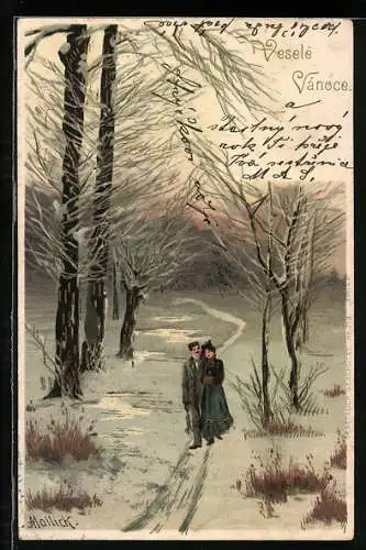 Künstler-AK Alfred Mailick: Winterlandschaft mit Pärchen, Weihnachtsgruss
