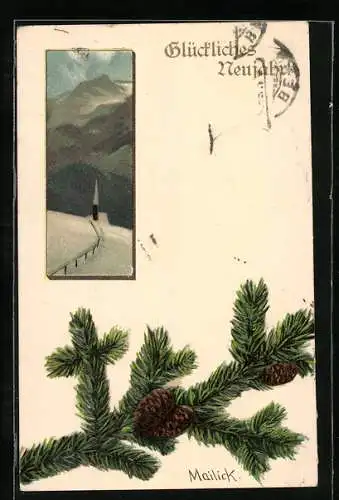 Künstler-AK Alfred Mailick: Verschneite Kirche und Tannenzweig