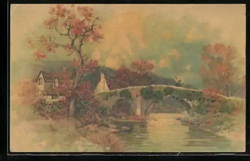 Künstler-AK Wenau-Pastell Nr. 669: Fischer auf der Brücke im Herbst