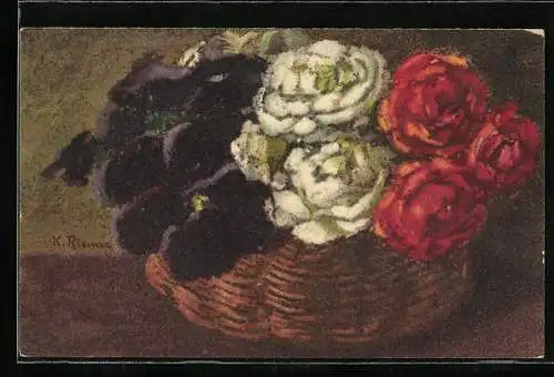 Künstler-AK Wenau-Pastell Nr. 1033: Korb mit Rosen und Veilchen