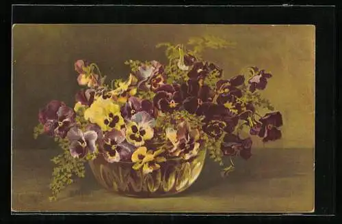 Künstler-AK Wenau-Pastell Nr. 1211: Blumentopf mit bunten Stiefmütterchen