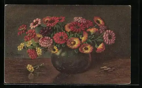 Künstler-AK Wenau-Pastell Nr. 860: Bunter Blumenstrauss in runder Vase