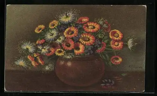 Künstler-AK Wenau-Pastell Nr. 863: Bunter Strauss mit orangenen und blauen Blumen
