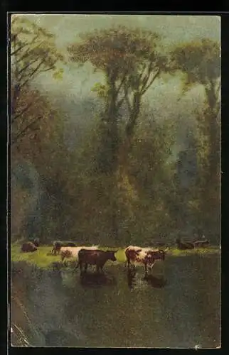 Künstler-AK Wenau-Pastell Nr. 1001: Kühe im Wasser und am Grasen