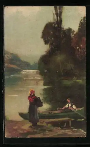 Künstler-AK Wenau-Pastell Nr. 651: Ruderboot auf einem Fluss