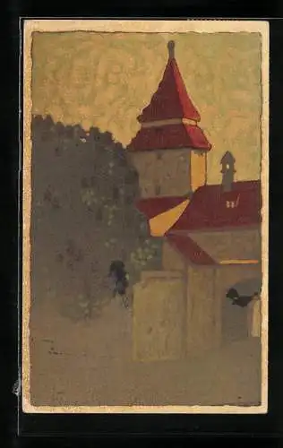 Künstler-AK Wenau-Pastell Nr. 167: Kirche in der Dämmerung