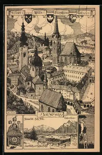 Künstler-AK Ulf Seidl: Salzburg, St. Peter. Mülln, Franziskaner, Rathaus, Ausblick von der Richterhöhe