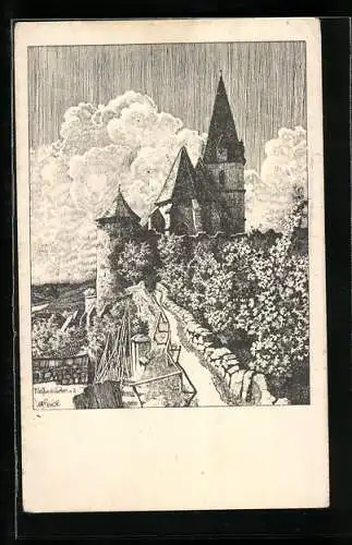 Künstler-AK Ulf Seidl: Weissenkirchen, Kirche