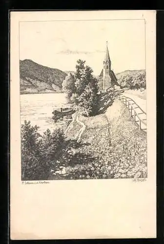 Künstler-AK Ulf Seidl: Rossatz-Arnsdorf, St. Johann, Donaupartie mit Brücke und Kirche
