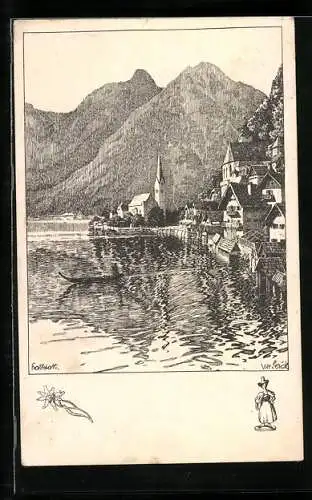 Künstler-AK Ulf Seidl: Hallstatt, Salzkammergut, Uferpartie mit Kirche