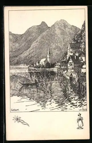 Künstler-AK Ulf Seidl: Hallstatt, Salzkammergut, Uferpartie mit Kirche