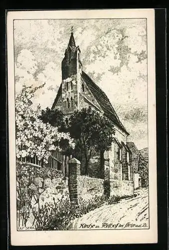 Künstler-AK Ulf Seidl: Förthof /Wachau, Blick auf eine Kirche