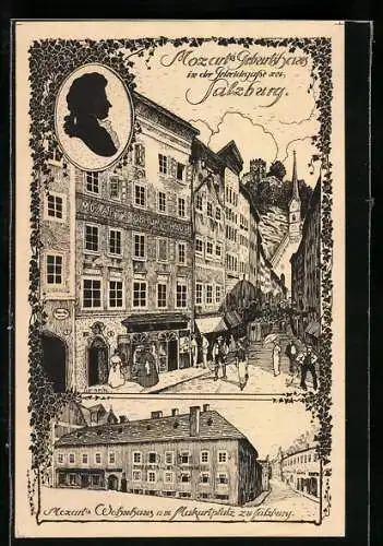 Künstler-AK Ulf Seidl: Salzburg, Mozarts Geburtshaus in der Getreidegasse und sein Wohnhaus am Marktplatz