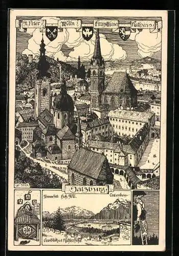 Künstler-AK Salzburg, Blick auf St. Peter, Mülln, Franziskaner und das Rathaus