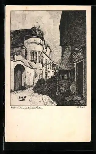 Künstler-AK Ulf Seidl: Strasse und Rathaus in Dürnstein