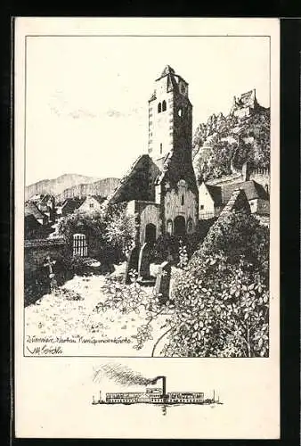 Künstler-AK Ulf Seidl: Dürnstein, Kunigundenkirche