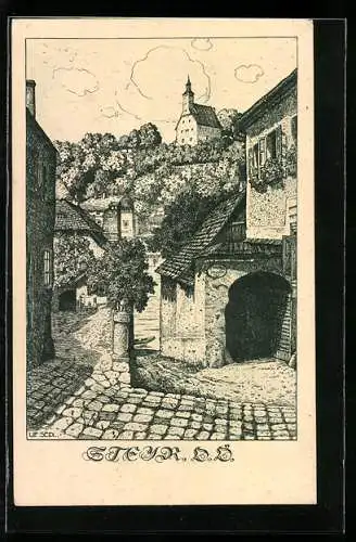 Künstler-AK Ulf Seidl: Steyr, Ortspartie mit Blick zur Kirche