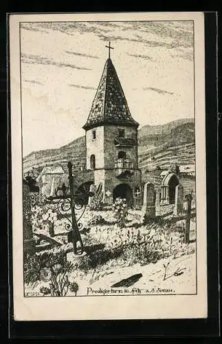 Künstler-AK Ulf Seidl: Spitz a.d. Donau, Predigerturm und Gräber