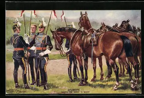 Künstler-AK Harry Payne: 21st Lancers, Waiting the Order to Mount, britische Kavallerie, Lanziere, Ulanen