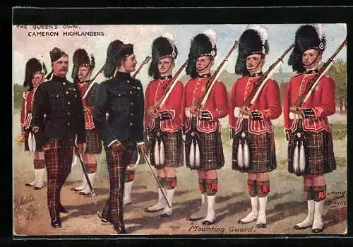 Künstler-AK Harry Payne: The Queen`s own Cameron Highlanders, Mounting Guard, schottische Garde