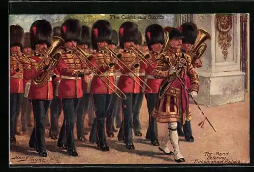 Künstler-AK Harry Payne: Coldstream Guards, the Band entering Buckingham Palace, Blaskapelle