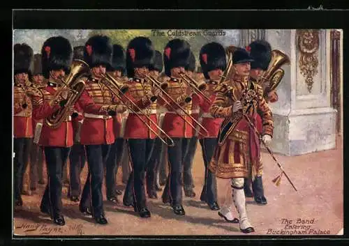 Künstler-AK Harry Payne: Coldstream Guards, the Band entering Buckingham Palace, Blaskapelle