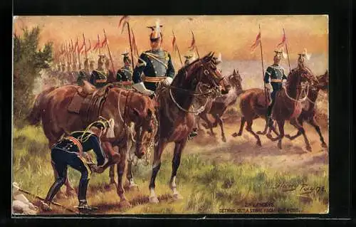 Künstler-AK Harry Payne: 21st Lancers, getting out a stone from the foot, Ulanen im Feld