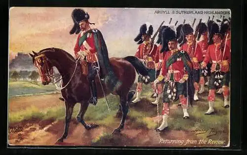 Künstler-AK Harry Payne: Argyll & Sutherland Highlanders, Returning from the Review, schottische Infanterie