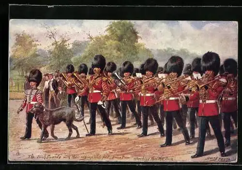 Künstler-AK Harry Payne: Irish Guards, Musikkapelle marschiert durch den Park, Tuba, Trompete