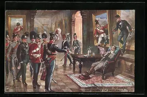 Künstler-AK Harry Payne: What are you doing to guard the Homes of England?, Uniformen