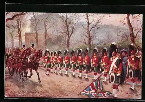 Künstler-AK Harry Payne: London, Military, The Gordon Highlanders, Britische Soldaten in Uniform mit Fahne