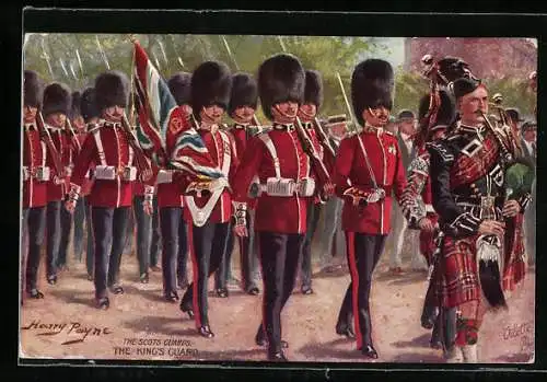 Künstler-AK Harry Payne: The Scot`s Guards, the King`s Guards, Dudelsack